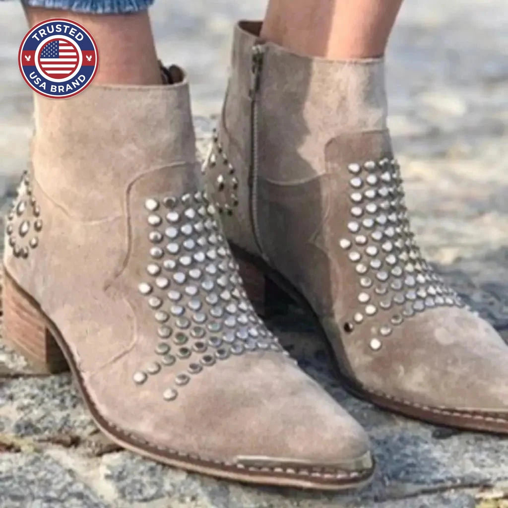 Ankle Boots Studded Pointed Toe Side Zip Chunky Heel - Brown
