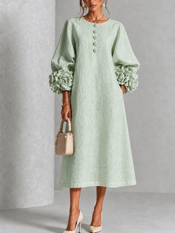 Women's winter midi dress balloon sleeve rosette cuff wedding guest in Sage Mist
