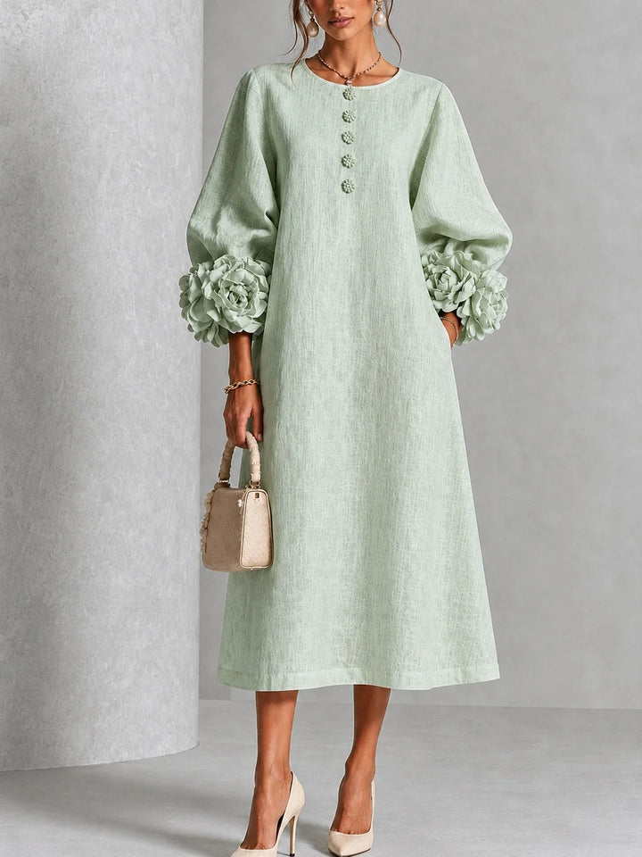 Women's winter midi dress balloon sleeve rosette cuff wedding guest in Sage Mist