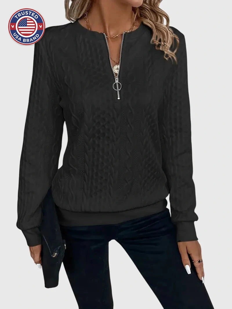 Cable knit zip-up winter sweater for women