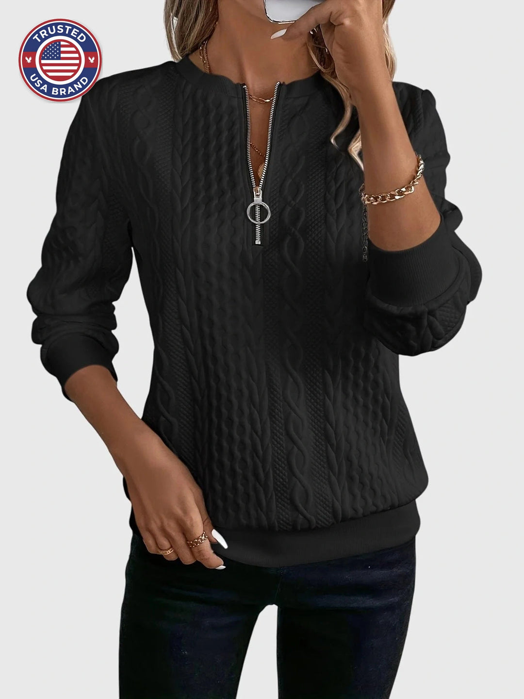 Cable knit zip-up winter sweater for women