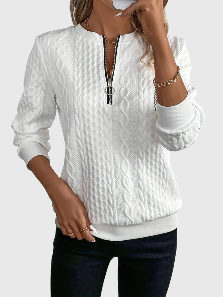 Cable knit zip-up winter sweater for women in White Black Zipper
