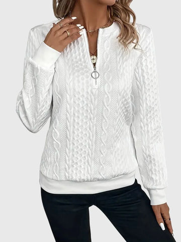 Cable knit zip-up winter sweater for women in White with White Zipper