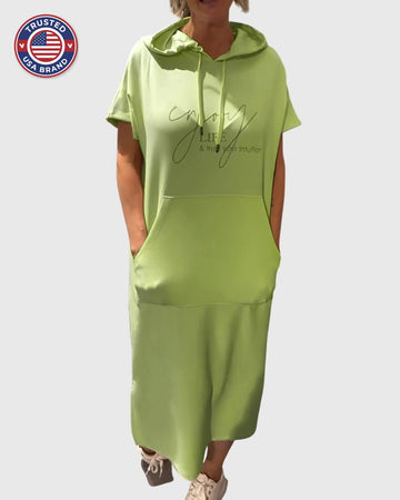 Women's cotton hooded winter midi dress with kangaroo pocket - Orange