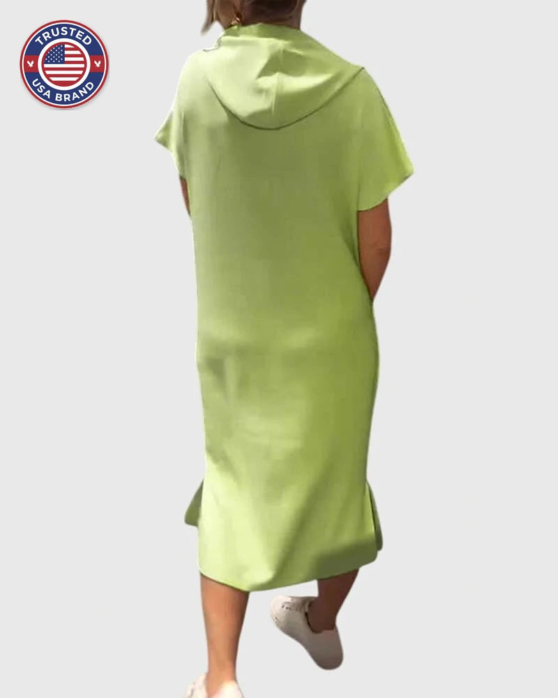 Women's cotton hooded winter midi dress with kangaroo pocket - Orange