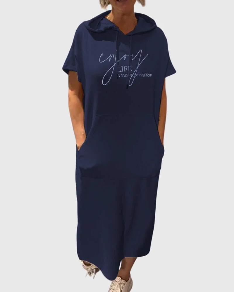 Women's cotton hooded winter midi dress with kangaroo pocket - Orange