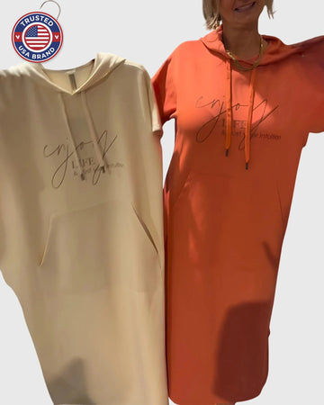 Women's cotton hooded winter midi dress with kangaroo pocket - Orange