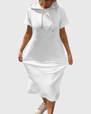 Women's cotton hooded winter midi dress with kangaroo pocket - Orange