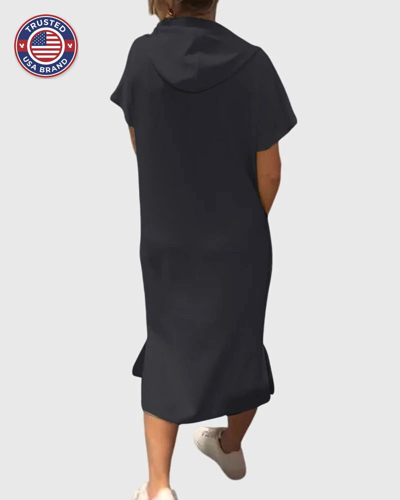 Women's cotton hooded winter midi dress with kangaroo pocket - Orange