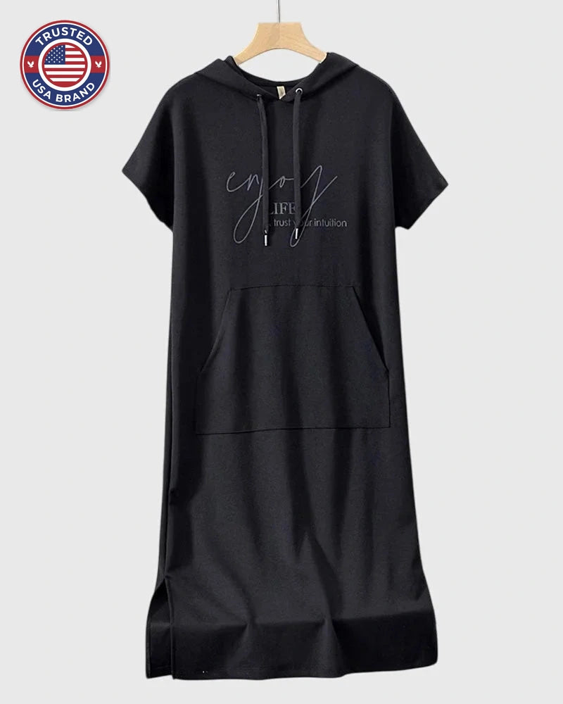 Women's cotton hooded winter midi dress with kangaroo pocket - Orange