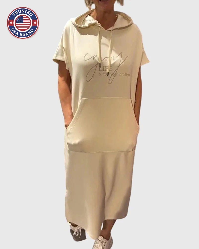 Women's cotton hooded winter midi dress with kangaroo pocket - Orange