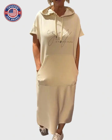 Women's cotton hooded winter midi dress with kangaroo pocket - Orange