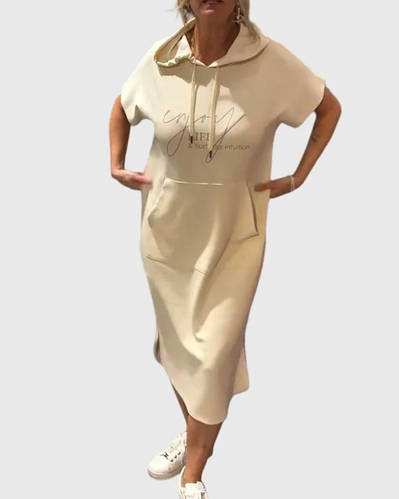 Women's cotton hooded winter midi dress with kangaroo pocket - Orange