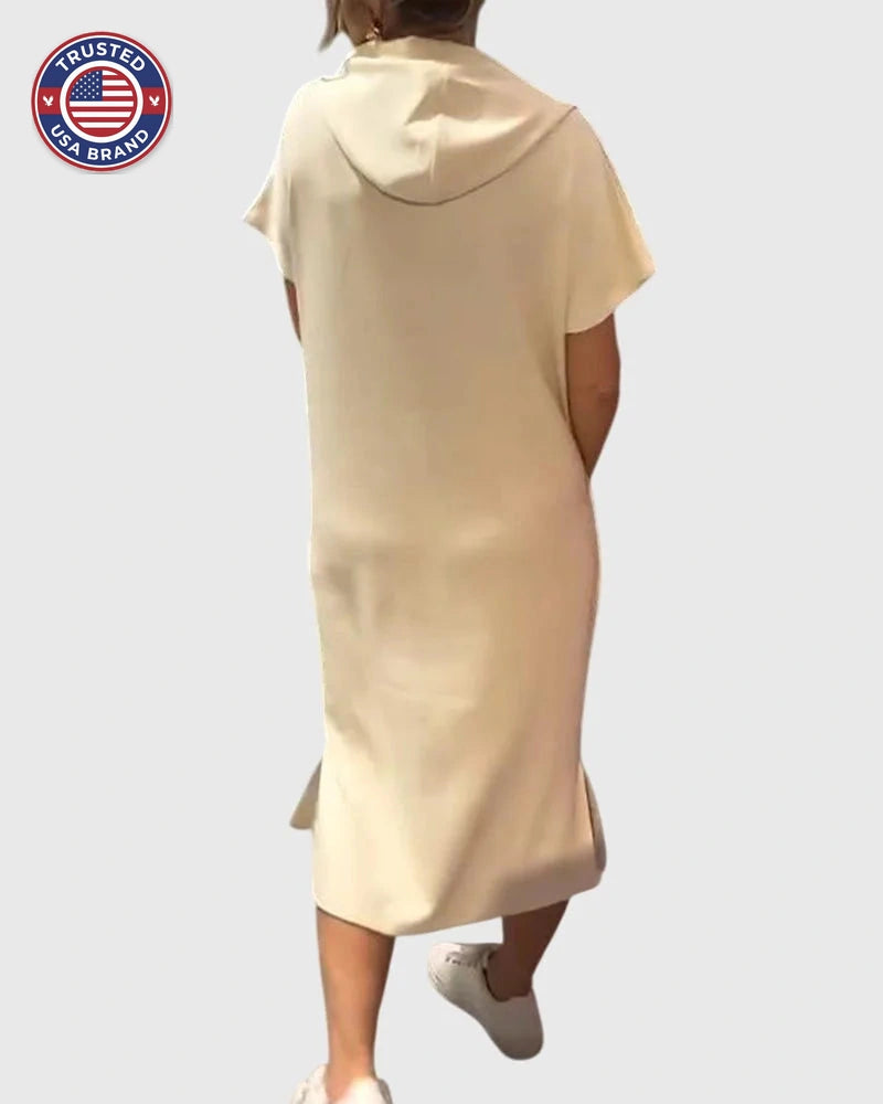 Women's cotton hooded winter midi dress with kangaroo pocket - Orange