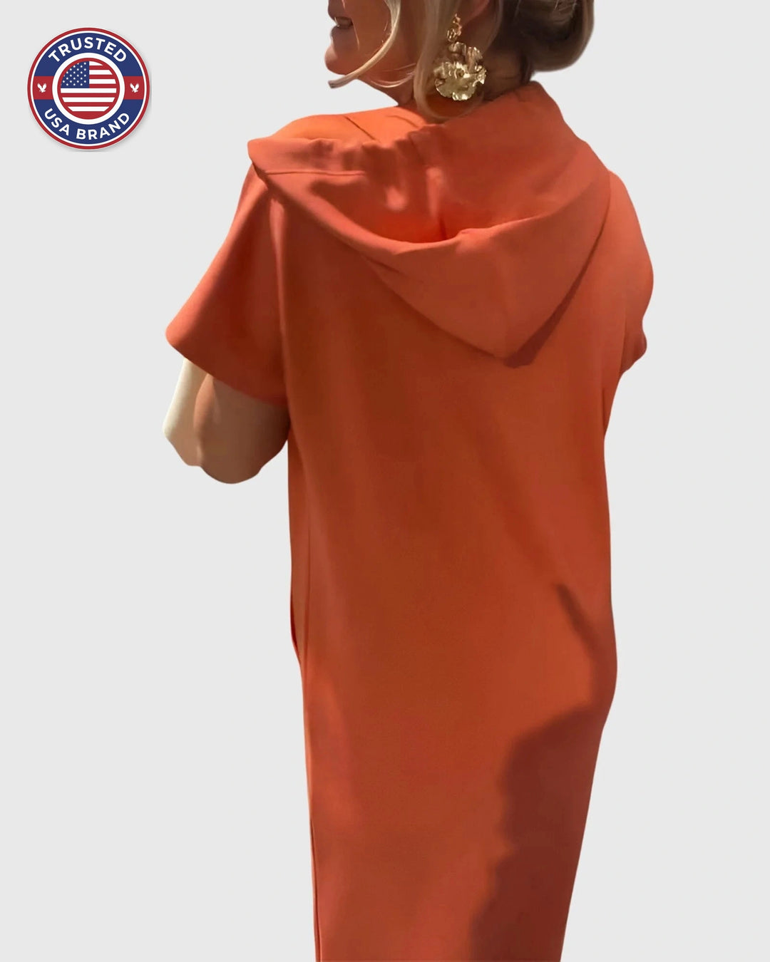 Women's cotton hooded winter midi dress with kangaroo pocket - Orange