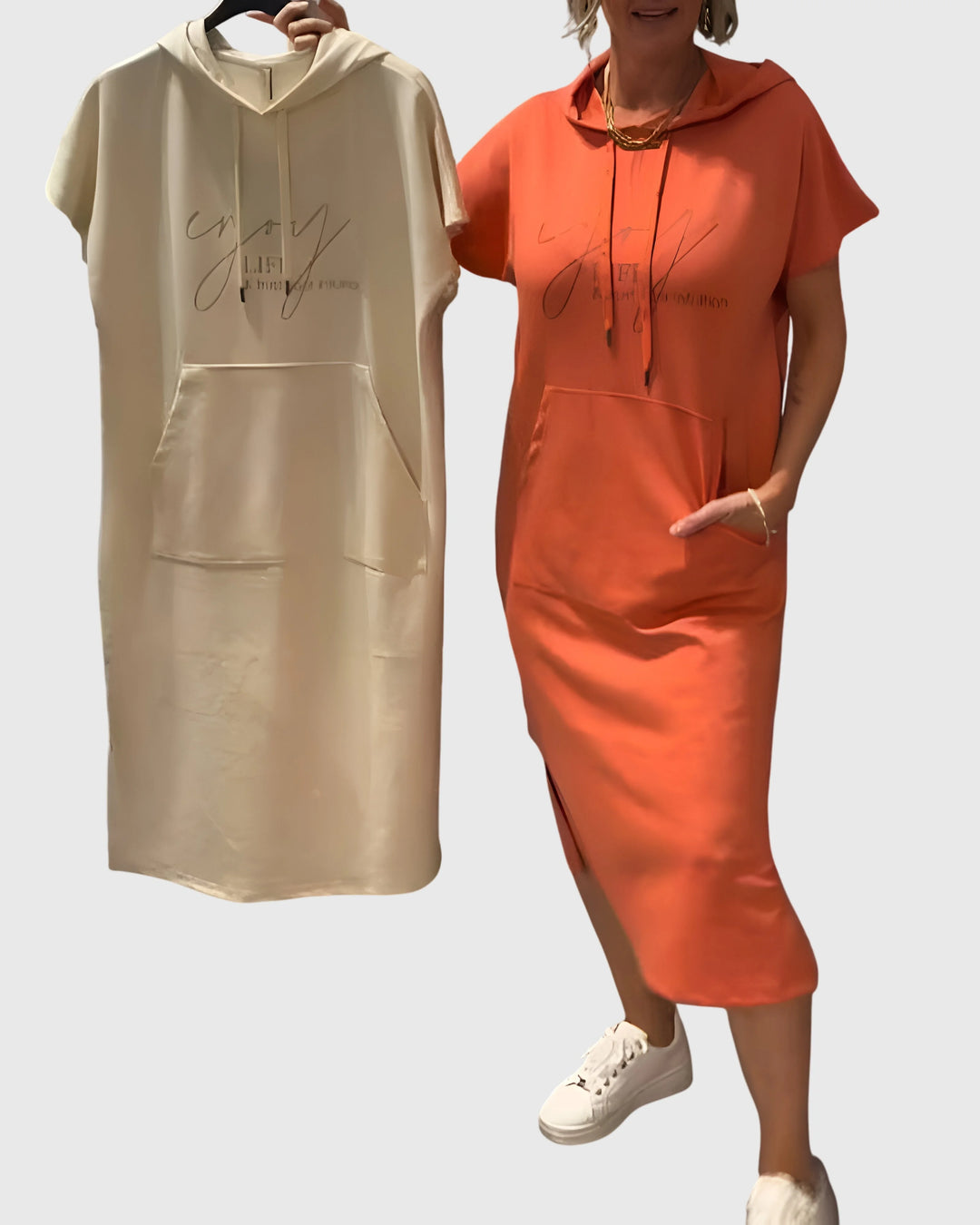 Women's cotton hooded winter midi dress with kangaroo pocket - Orange