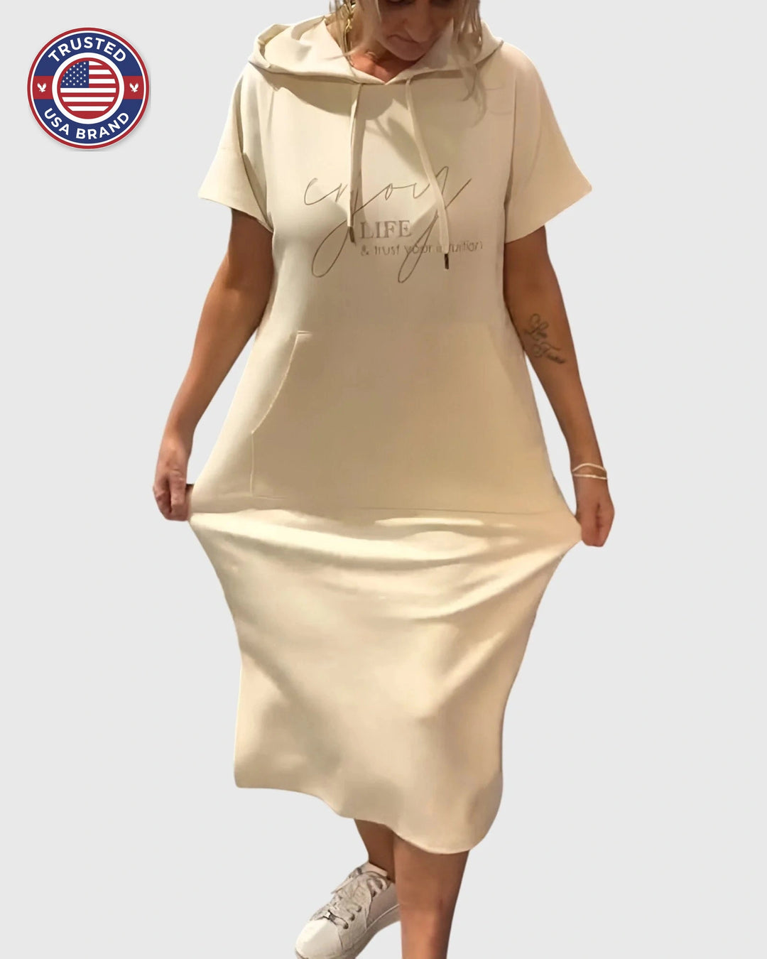 Women's cotton hooded winter midi dress with kangaroo pocket - Orange