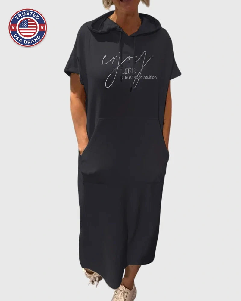 Women's cotton hooded winter midi dress with kangaroo pocket - Orange