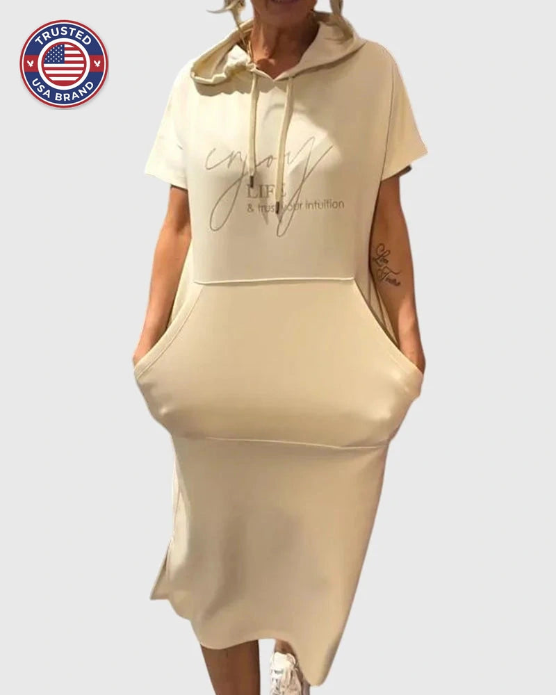 Women's cotton hooded winter midi dress with kangaroo pocket - Orange