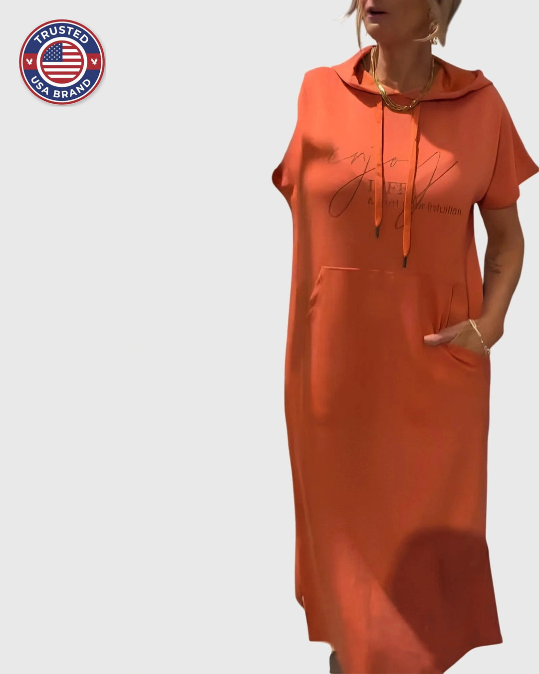 Women's cotton hooded winter midi dress with kangaroo pocket - Orange