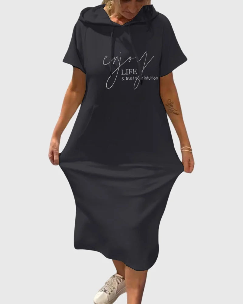 Women's cotton hooded winter midi dress with kangaroo pocket - Orange