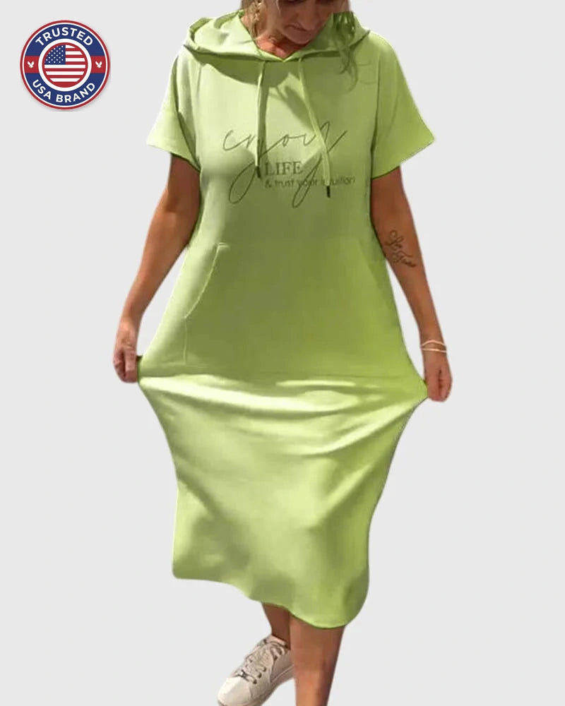 Women's cotton hooded winter midi dress with kangaroo pocket - Orange