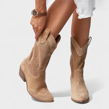 Women's suede side zip western winter boots with perforated upper - Beige