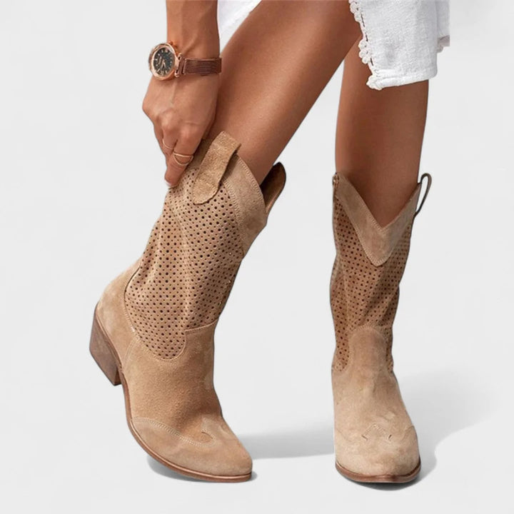 Women's suede side zip western winter boots with perforated upper - Beige