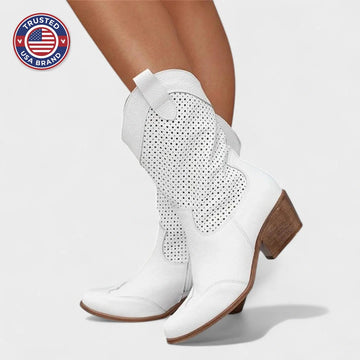 Women's suede side zip western winter boots with perforated upper - Beige