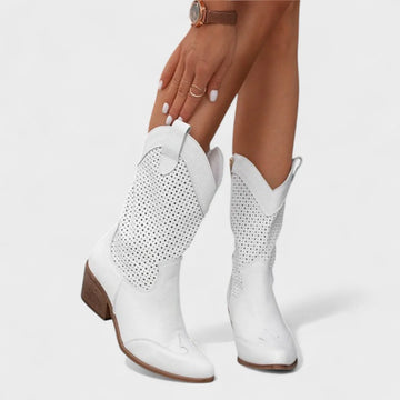 Women's suede side zip western winter boots with perforated upper - Beige