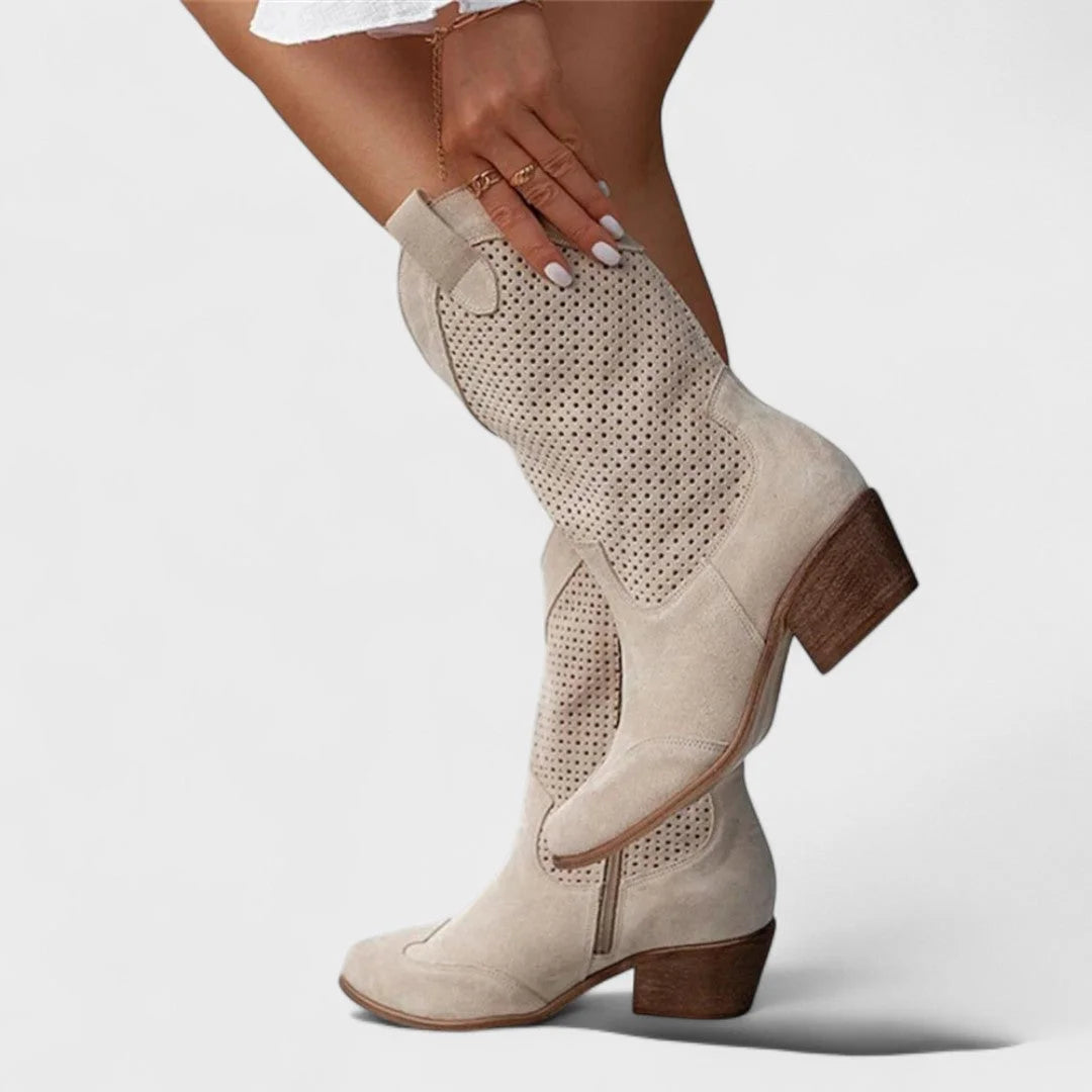 Women's suede side zip western winter boots with perforated upper - Beige