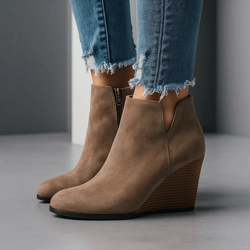 Women's heeled wedge side cut-out ankle winter boots in Brown