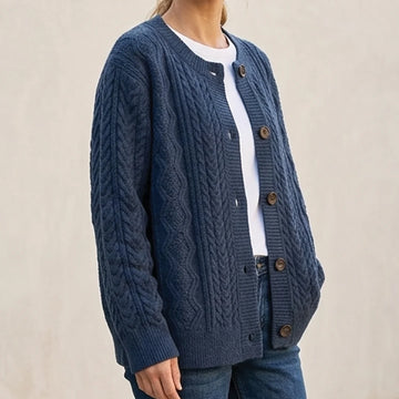 Women's cable knit winter chunky cardigan sweater in Navy Blue