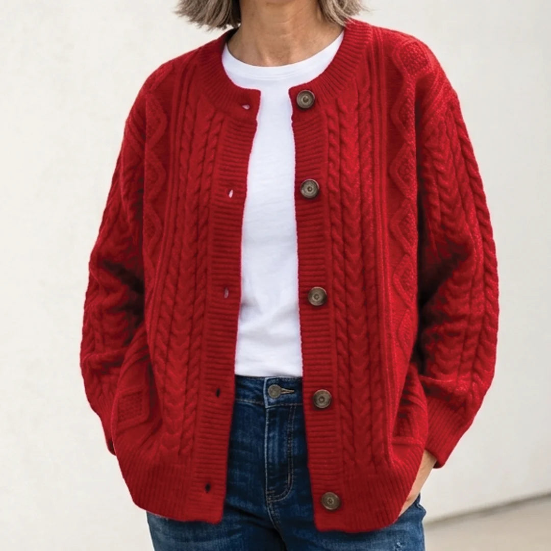 Women's cable knit winter chunky cardigan sweater in Red