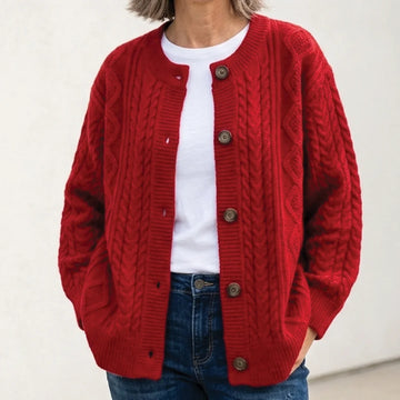 Women's cable knit winter chunky cardigan sweater in Red