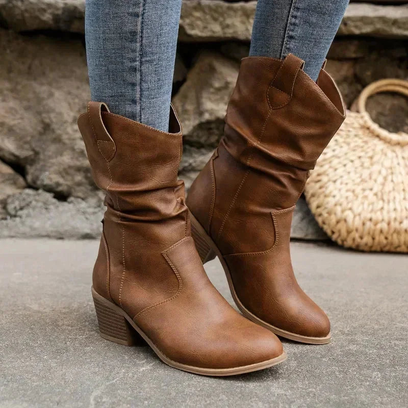 Classic Mid-Calf Western Boots - Brown
