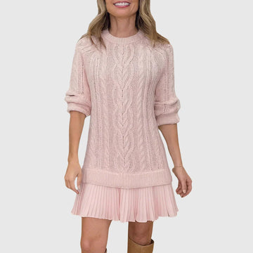 Women's cable knit crew neck winter sweater dress - White