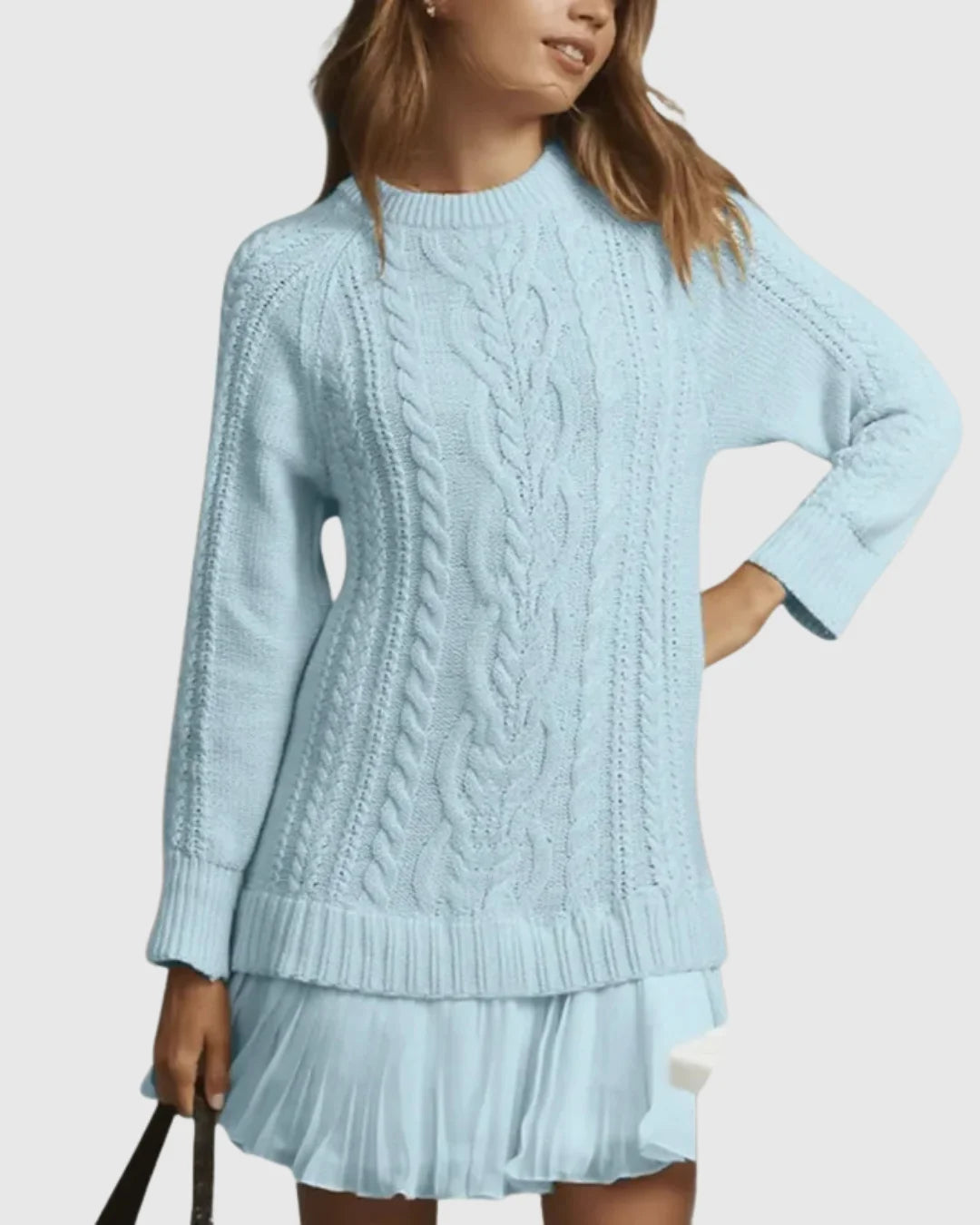 Women's cable knit crew neck winter sweater dress - White