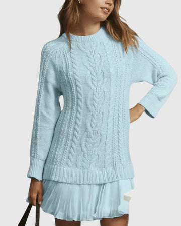 Women's cable knit crew neck winter sweater dress - White