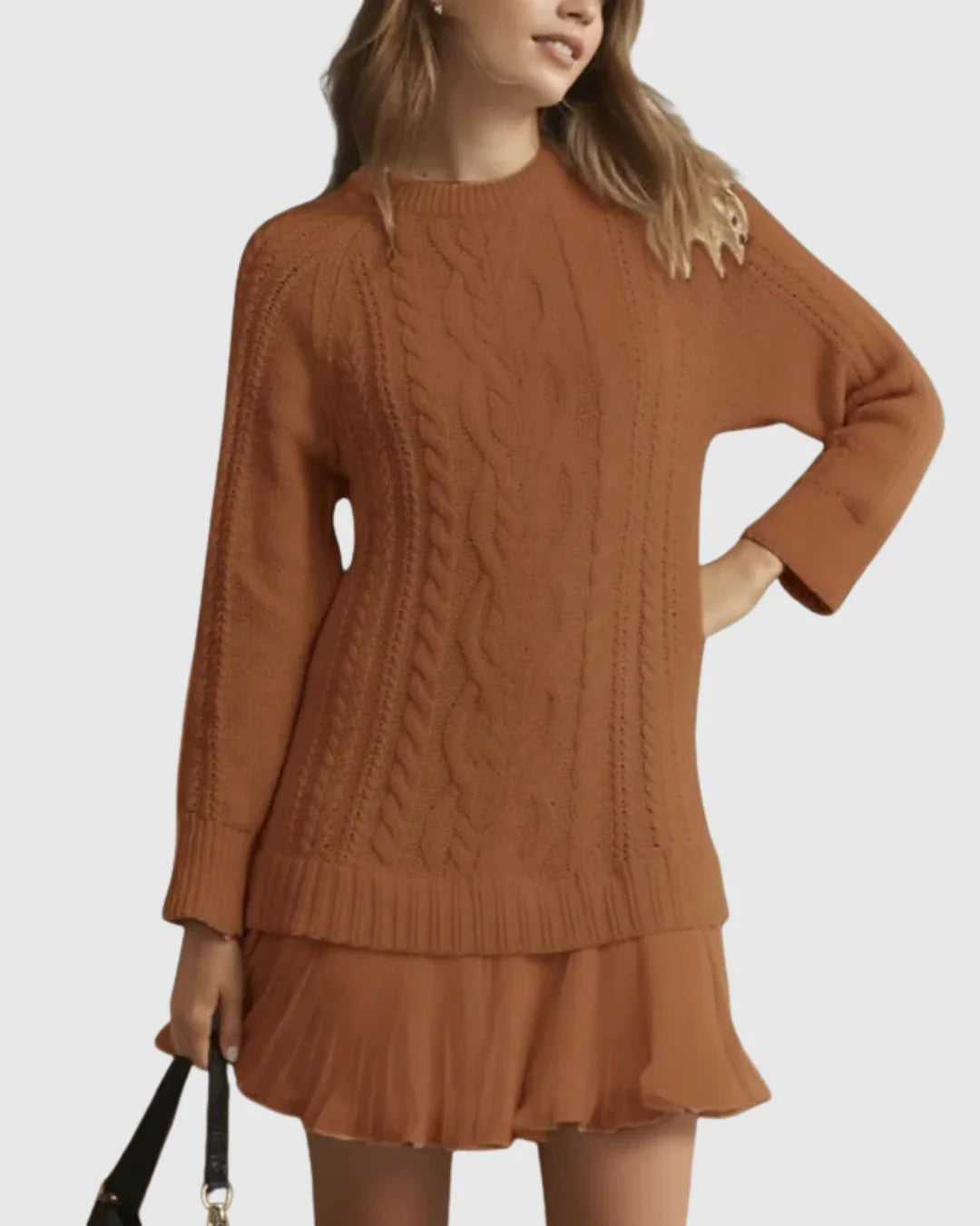 Women's cable knit crew neck winter sweater dress - White