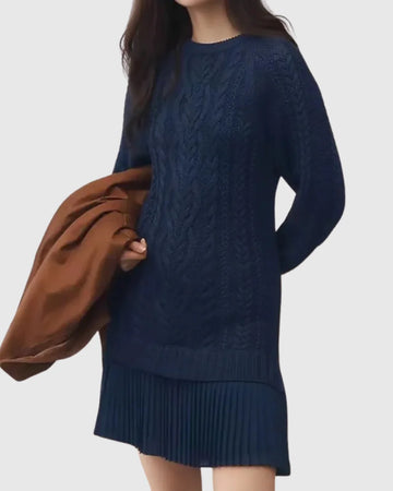 Women's cable knit crew neck winter sweater dress - White