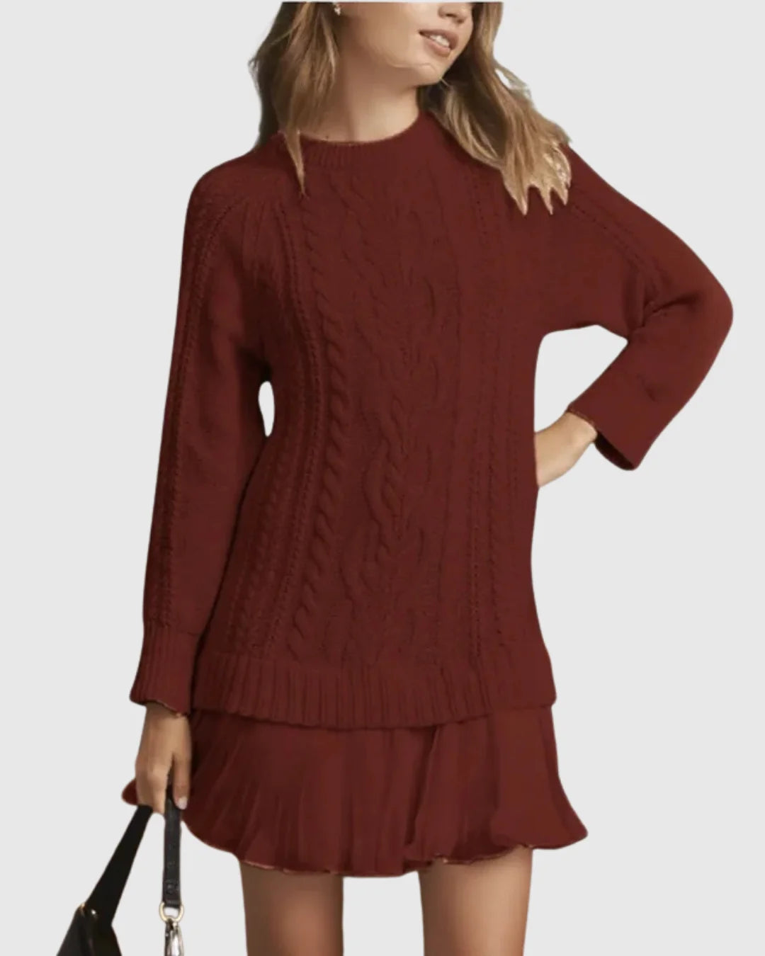 Women's cable knit crew neck winter sweater dress - White