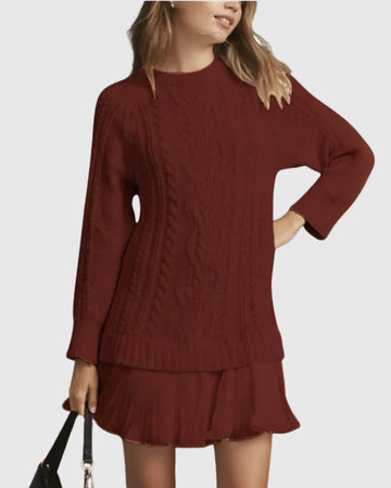 Women's cable knit crew neck winter sweater dress - White