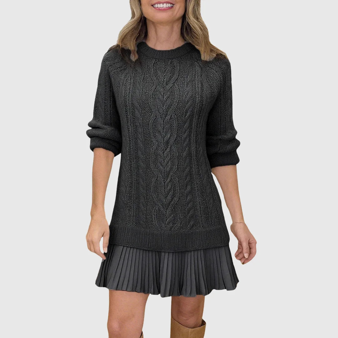Women's cable knit crew neck winter sweater dress - White