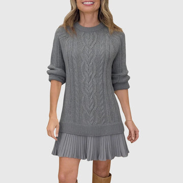 Women's cable knit crew neck winter sweater dress - White