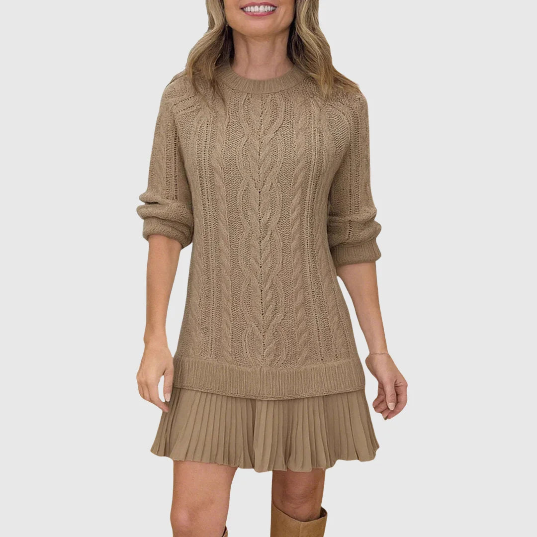 Women's cable knit crew neck winter sweater dress - White