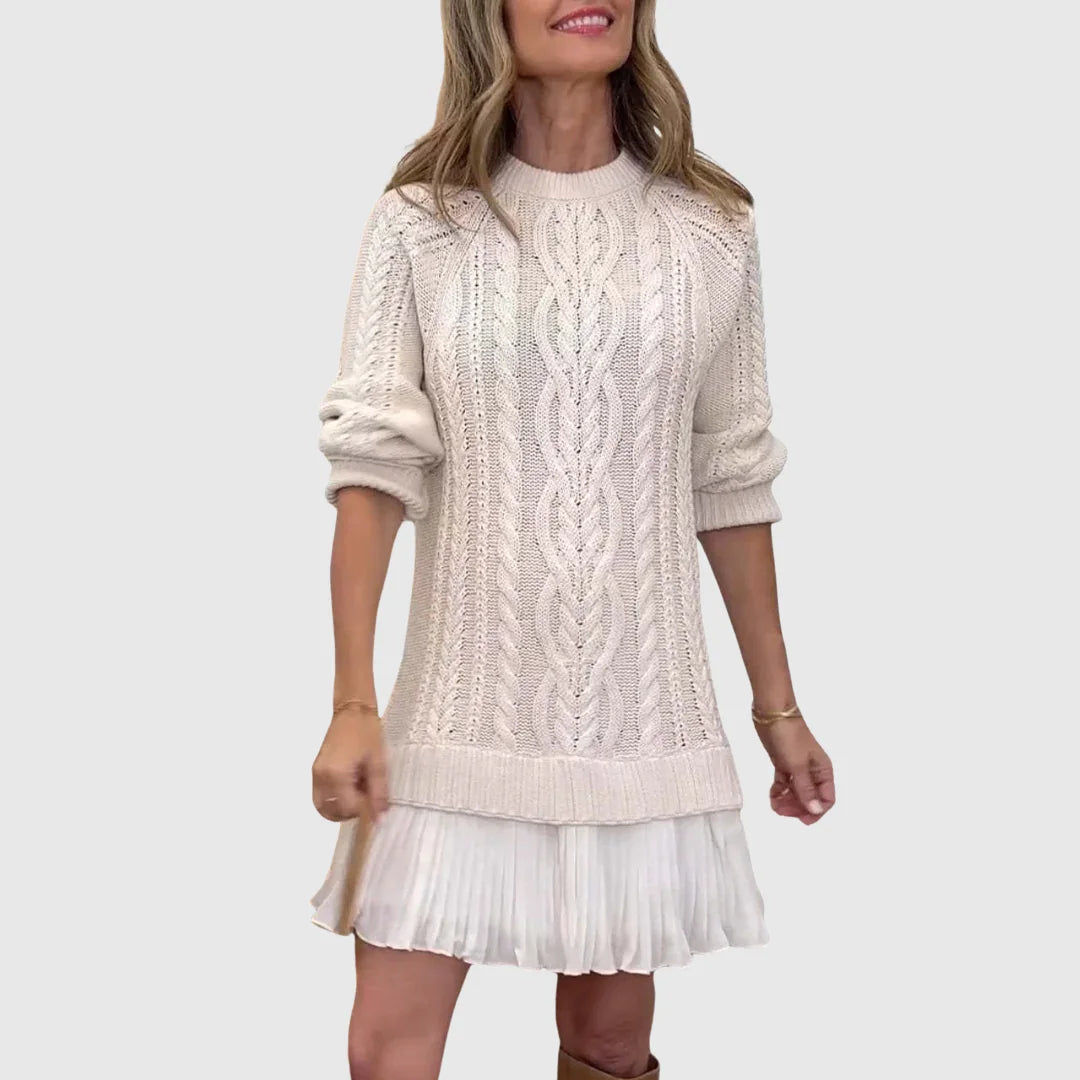 Women's cable knit crew neck winter sweater dress - White