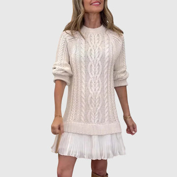 Women's cable knit crew neck winter sweater dress - White