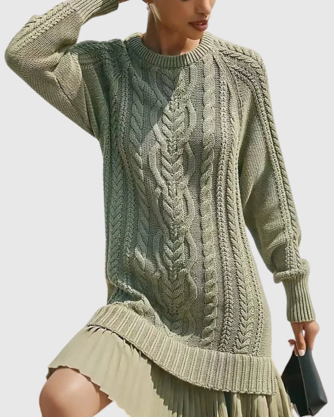 Women's cable knit crew neck winter sweater dress - White