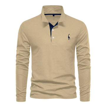 Women's cotton button-front winter collared blouse with giraffe embroidery - Dark Blue